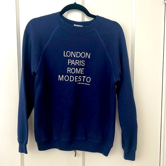 Tops - Vintage Sweatshirt, London Paris Rome Modesto, Medium Navy Blue